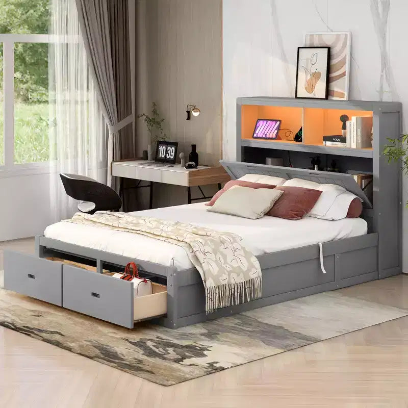 Lit plateforme hydraulique grand lit/queen size avec tête de lit LED de rangement, station de charge, 2 tiroirs et espace de rangement sous le lit, blanc/gris