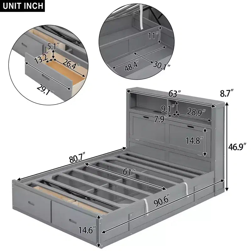 Lit plateforme hydraulique grand lit/queen size avec tête de lit LED de rangement, station de charge, 2 tiroirs et espace de rangement sous le lit, blanc/gris