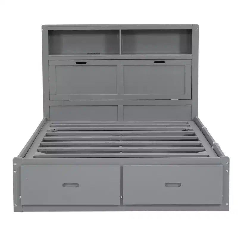 Lit plateforme hydraulique grand lit/queen size avec tête de lit LED de rangement, station de charge, 2 tiroirs et espace de rangement sous le lit, blanc/gris