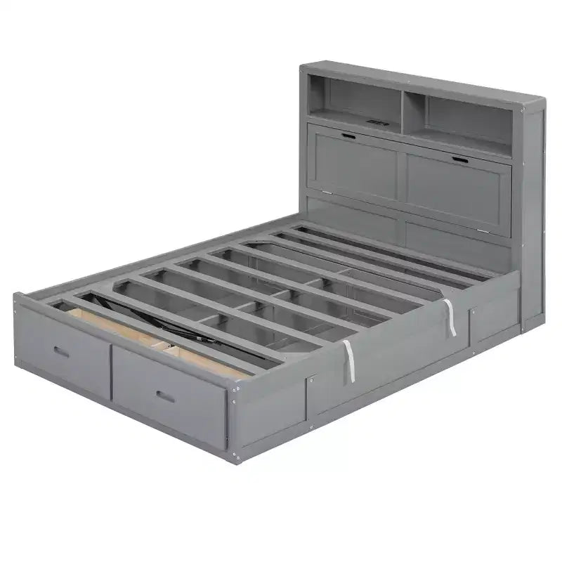 Lit plateforme hydraulique grand lit/queen size avec tête de lit LED de rangement, station de charge, 2 tiroirs et espace de rangement sous le lit, blanc/gris
