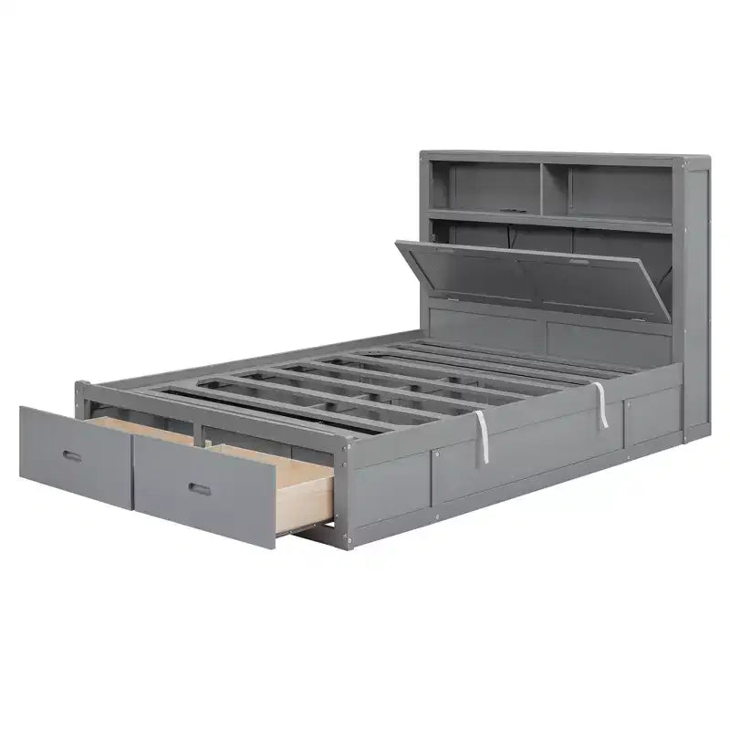 Lit plateforme hydraulique grand lit/queen size avec tête de lit LED de rangement, station de charge, 2 tiroirs et espace de rangement sous le lit, blanc/gris