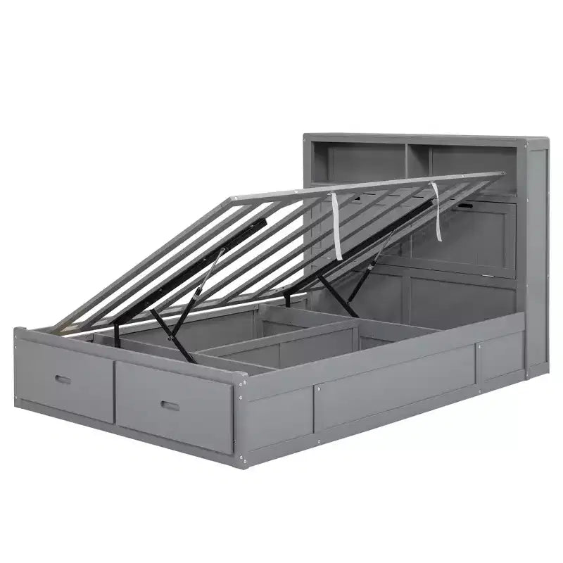 Lit plateforme hydraulique grand lit/queen size avec tête de lit LED de rangement, station de charge, 2 tiroirs et espace de rangement sous le lit, blanc/gris