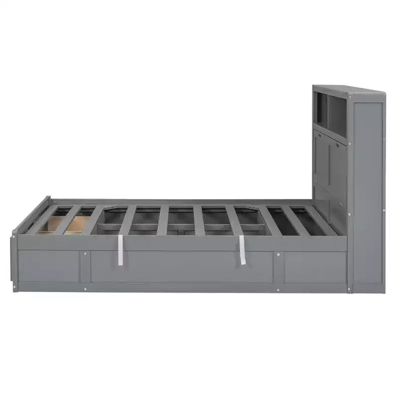 Lit plateforme hydraulique grand lit/queen size avec tête de lit LED de rangement, station de charge, 2 tiroirs et espace de rangement sous le lit, blanc/gris