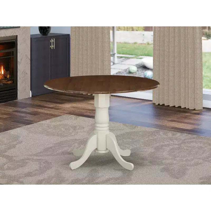 Table à manger en bois d'acacia offrant une texture boisée avec deux rallonges abattantes de 23 cm