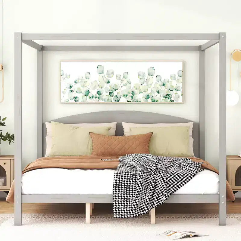 Lit à baldaquin king size de style minimaliste avec tête de lit incurvée et pieds de support en bois