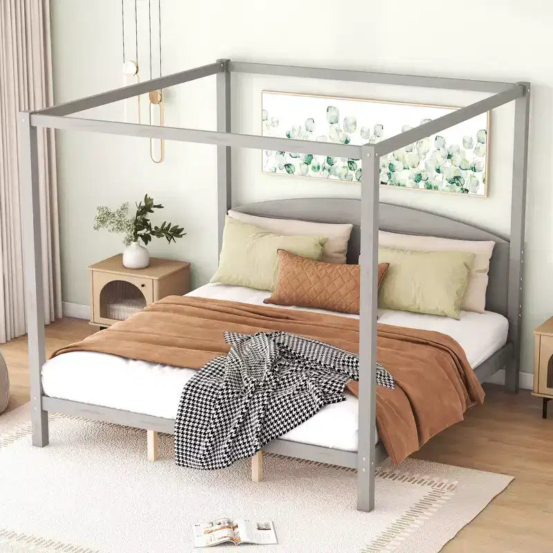 Lit à baldaquin king size de style minimaliste avec tête de lit incurvée et pieds de support en bois