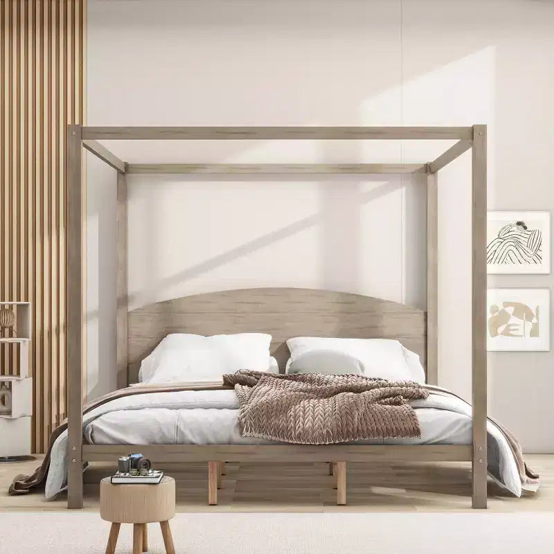 Lit à baldaquin king size de style minimaliste avec tête de lit incurvée et pieds de support en bois