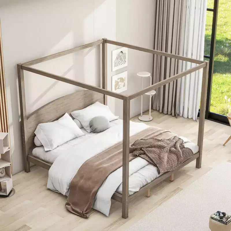 Lit à baldaquin king size de style minimaliste avec tête de lit incurvée et pieds de support en bois