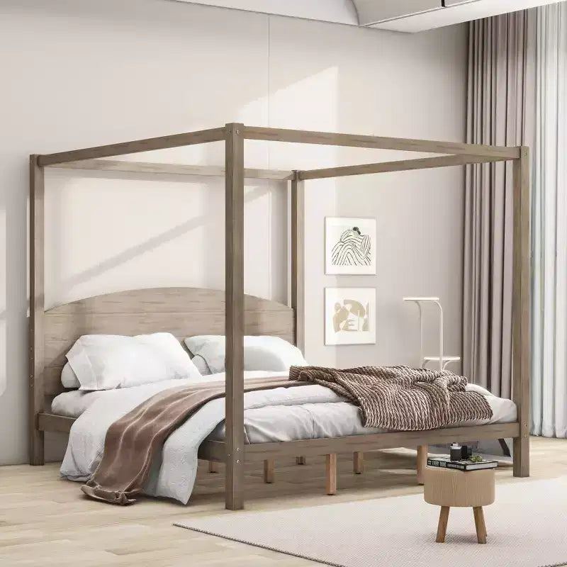 Whisen Minimalist Style King Size Canopy Platform Bed with Curved Headboard and Wood Support Legs
