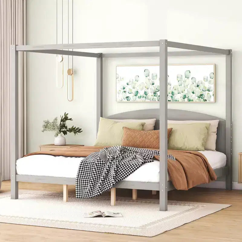 Lit à baldaquin king size de style minimaliste avec tête de lit incurvée et pieds de support en bois