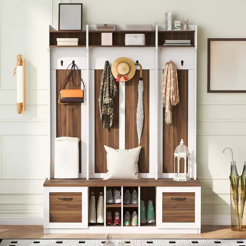 Entryway Hall Tree With Shoe Bench, Entryway Bench with Coat Rack, 58.8'' Wide Coat Rack Storage Shelf for Small Spaces Living Room Hallway