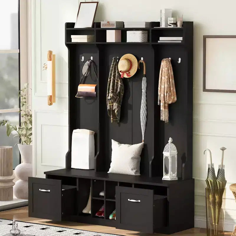 Porte-manteau d'entrée avec banc à chaussures, banc d'entrée avec patère, étagère de rangement de 149 cm de large pour petits espaces, salon, couloir