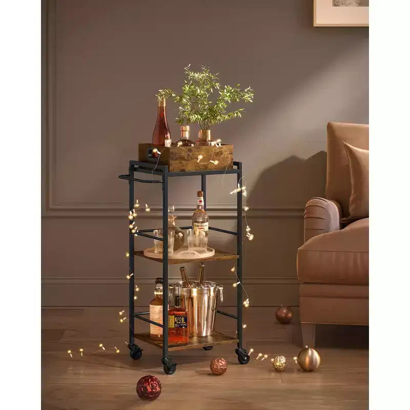 3-Tier Kitchen Serving Cart with Removable Tray, 11.8 x 13.7 x 33.9, Rustic Brown & Black, Wheels with Brakes & Leveling Feet.