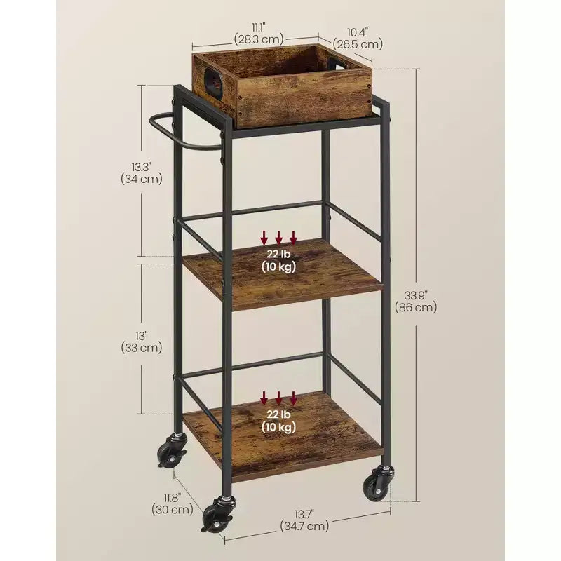 Chariot de service de cuisine à 3 niveaux avec plateau amovible, 11,8 x 13,7 x 33,9, marron rustique et noir, roues avec freins et pieds de nivellement.