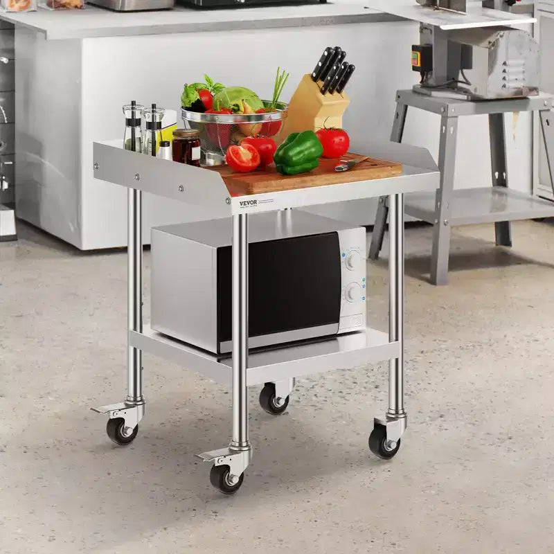 Table de travail en acier inoxydable, table de préparation alimentaire commerciale de 24 x 24 x 30 pouces avec 4 roues, roulettes, table de préparation robuste avec dosseret sur 3 côtés