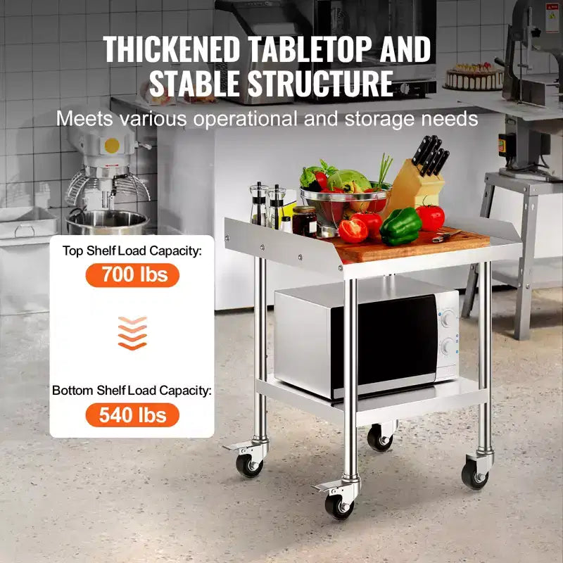 Table de travail en acier inoxydable, table de préparation alimentaire commerciale de 24 x 24 x 30 pouces avec 4 roues, roulettes, table de préparation robuste avec dosseret sur 3 côtés