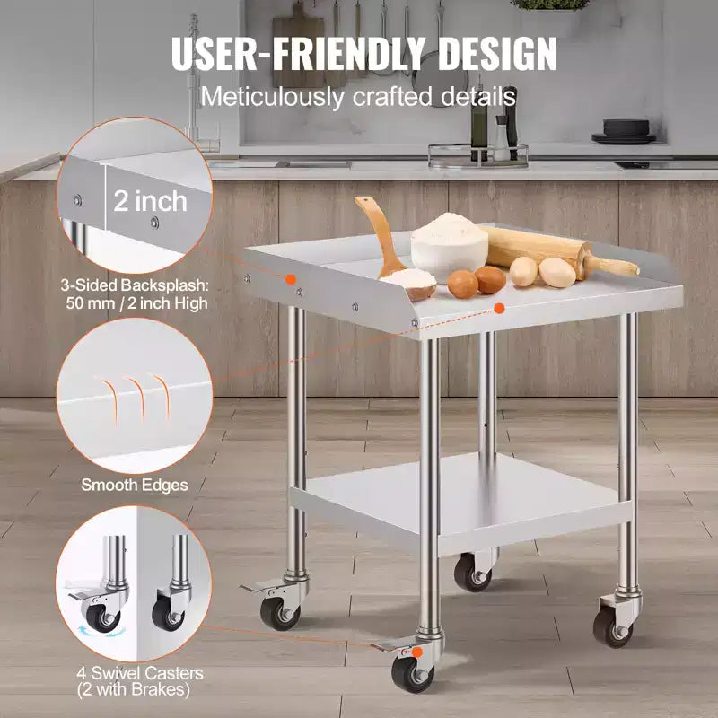 Table de travail en acier inoxydable, table de préparation alimentaire commerciale de 24 x 24 x 30 pouces avec 4 roues, roulettes, table de préparation robuste avec dosseret sur 3 côtés