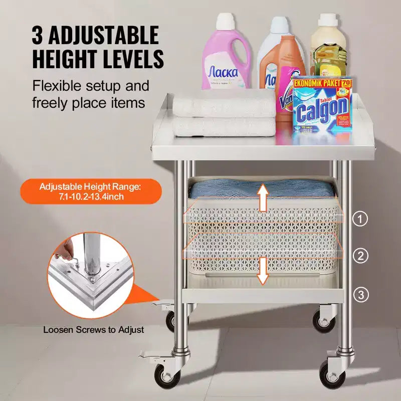 Table de travail en acier inoxydable, table de préparation alimentaire commerciale de 24 x 24 x 30 pouces avec 4 roues, roulettes, table de préparation robuste avec dosseret sur 3 côtés