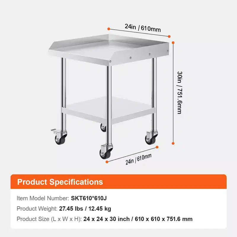 Table de travail en acier inoxydable, table de préparation alimentaire commerciale de 24 x 24 x 30 pouces avec 4 roues, roulettes, table de préparation robuste avec dosseret sur 3 côtés