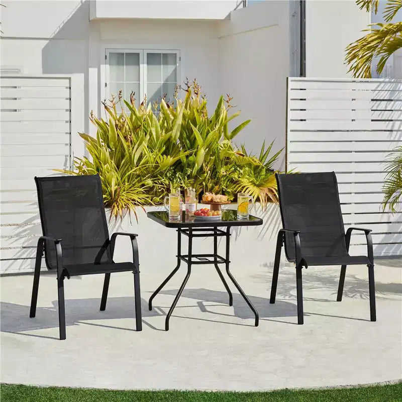 Chaises de salle à manger empilables d'extérieur en textilène avec dossier et accoudoirs pour jardin, pelouse, véranda, piscine