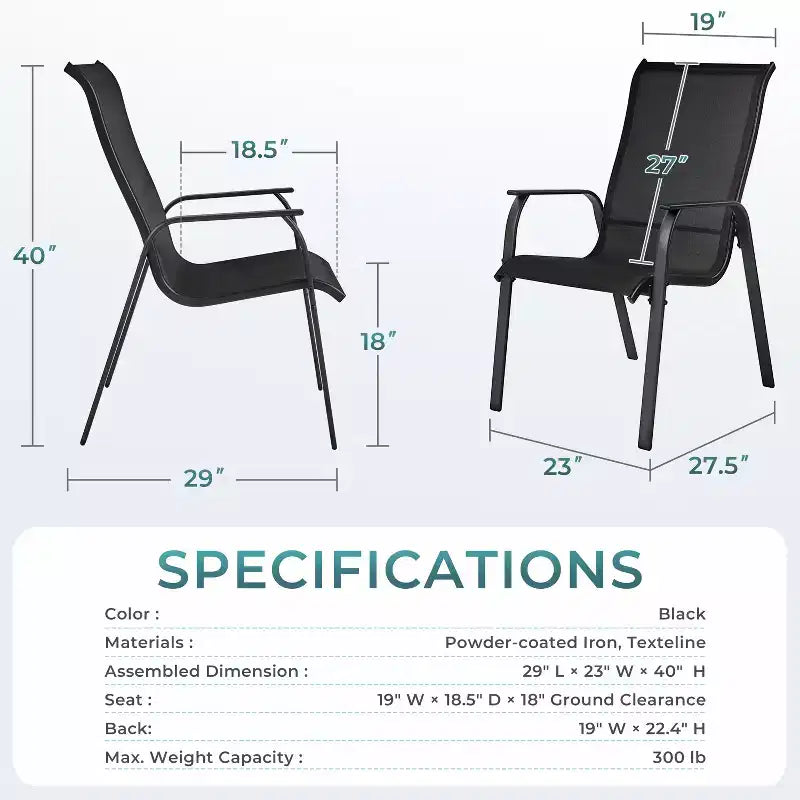 Chaises de salle à manger empilables d'extérieur en textilène avec dossier et accoudoirs pour jardin, pelouse, véranda, piscine