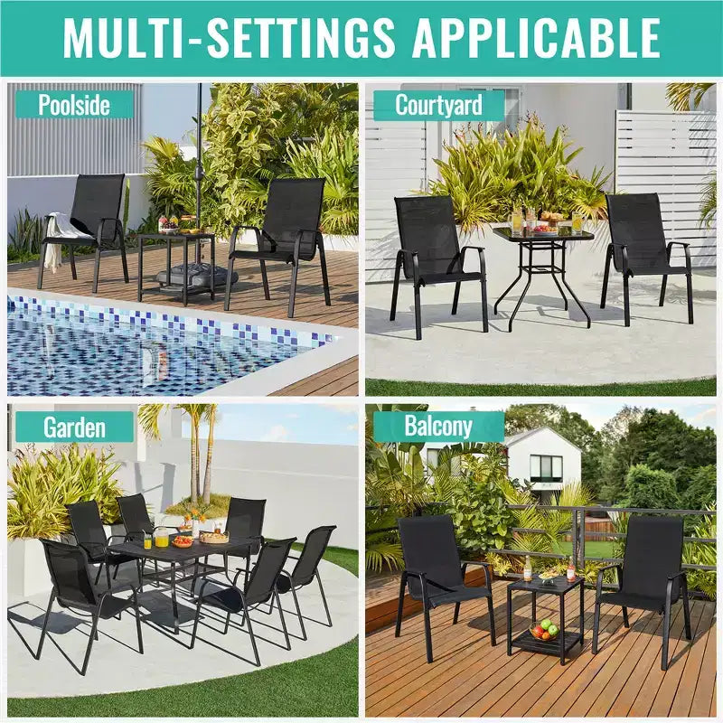 Chaises de salle à manger empilables d'extérieur en textilène avec dossier et accoudoirs pour jardin, pelouse, véranda, piscine