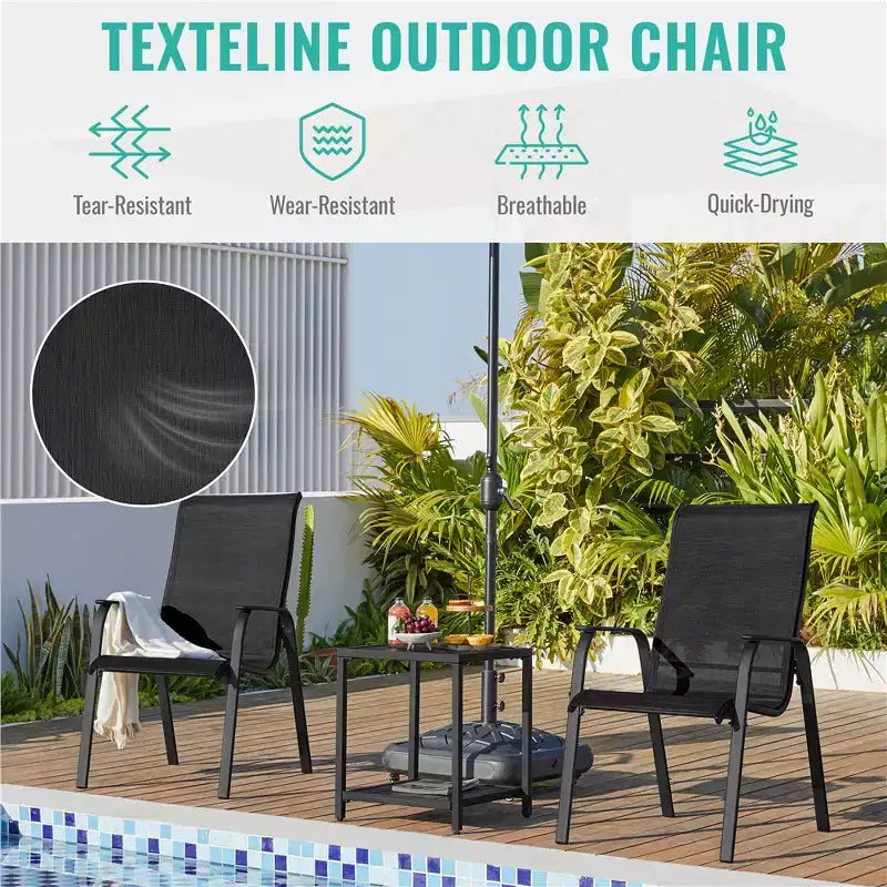 Chaises de salle à manger empilables d'extérieur en textilène avec dossier et accoudoirs pour jardin, pelouse, véranda, piscine