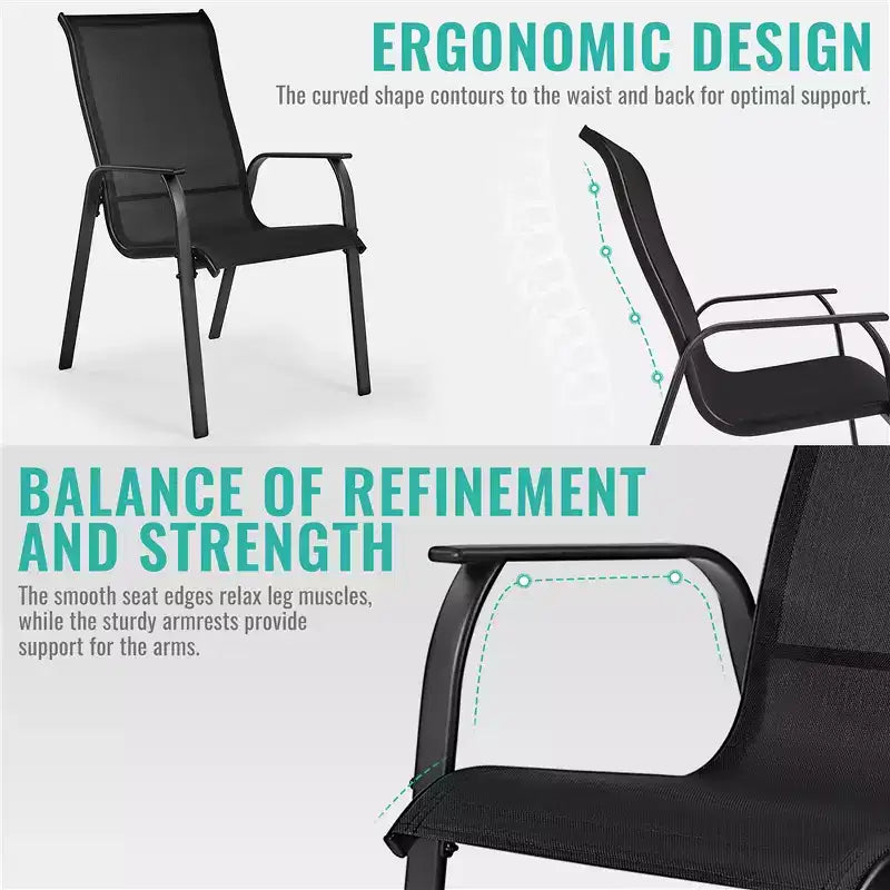 Chaises de salle à manger empilables d'extérieur en textilène avec dossier et accoudoirs pour jardin, pelouse, véranda, piscine