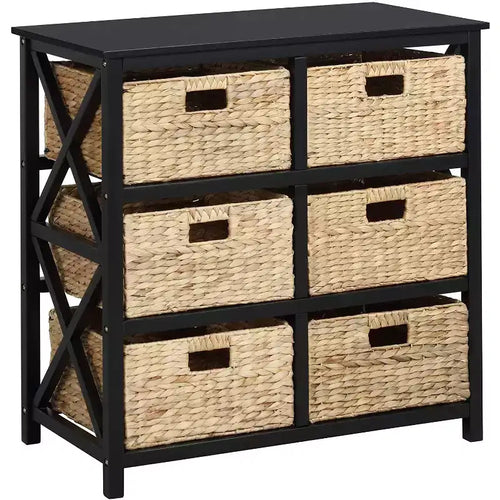 eHemco 3 Tier X-Side Storage Drawers with 6 Water Hyacinth Natural Wicker Baskets