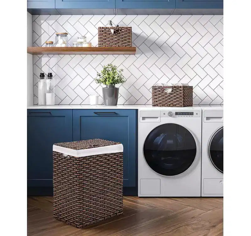 Panier à linge rectangulaire tressé à la main avec couvercle et doublure, Collection Classiques Modernes