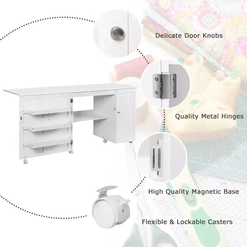 Meuble de couture pliable avec étagères de rangement, chariot à roulettes pour travaux manuels, grand modèle