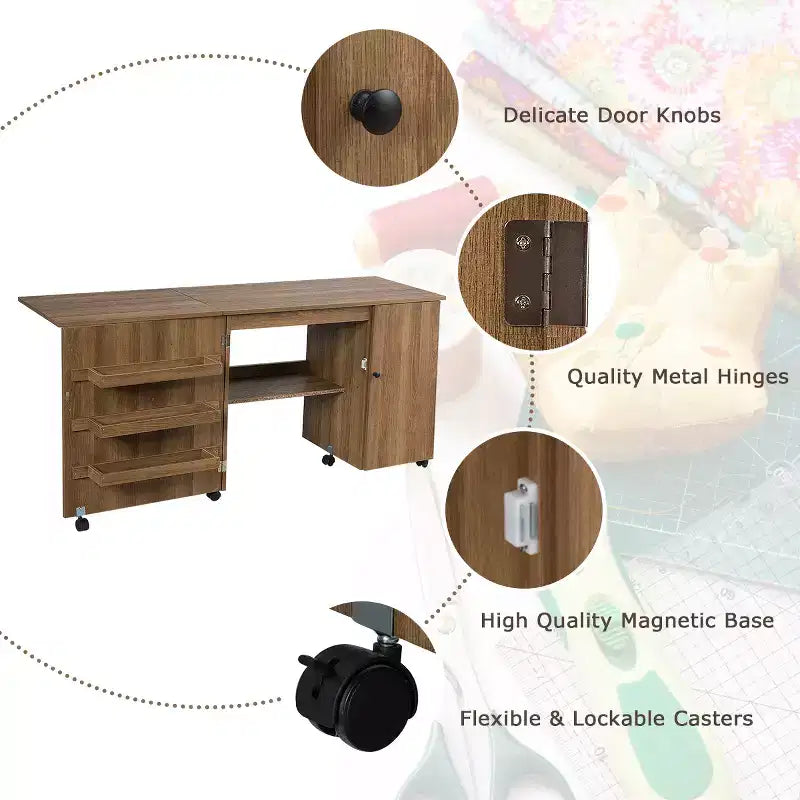 Meuble de couture pliable avec étagères de rangement, chariot à roulettes pour travaux manuels, grand modèle
