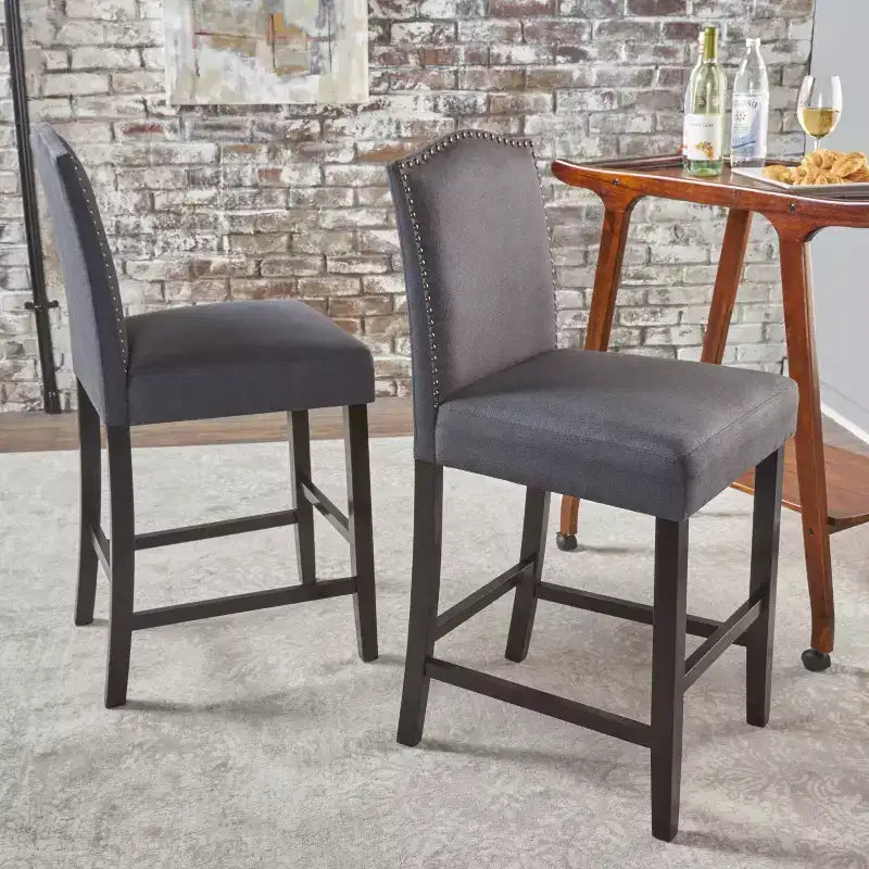 Set of 2 Upholstered Bar Stools Counter Stools Dining Chairs Pub Kitchen Stools with Nailhead Trim, Vintage&Antique, Gray/Brown-ModernLuxe