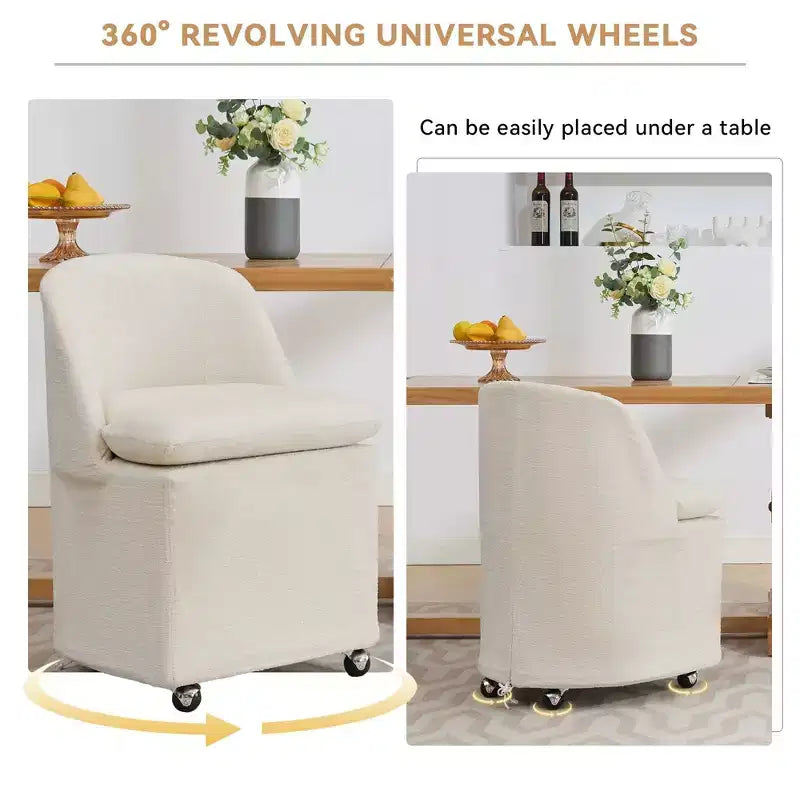 Chaises de salle à manger en tissu chenille avec roulettes universelles, beiges
