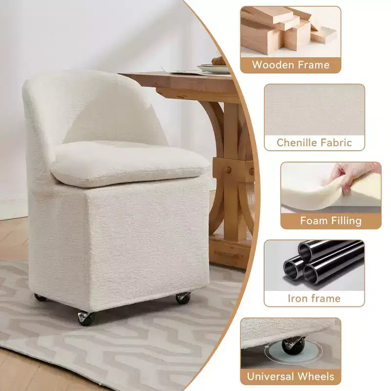 Chaises de salle à manger en tissu chenille avec roulettes universelles, beiges