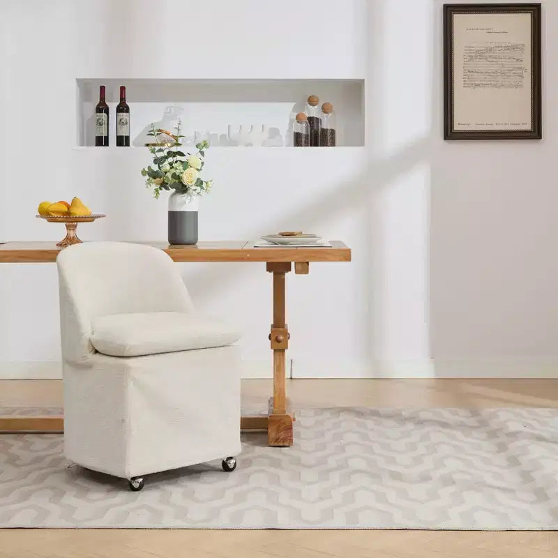 Set of 2 Chenille Fabric Dining Chairs With Universal Wheels,Beige
