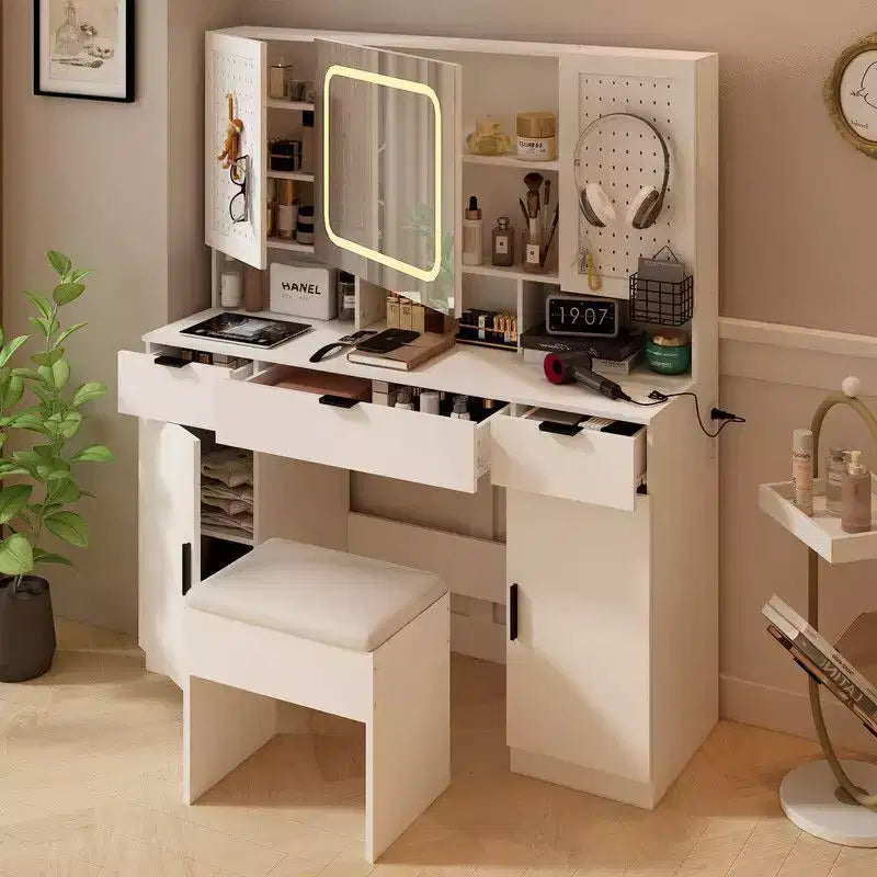 Coiffeuse blanche avec miroir et éclairage LED