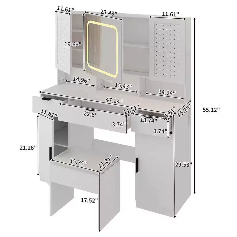 Coiffeuse blanche avec miroir et éclairage LED