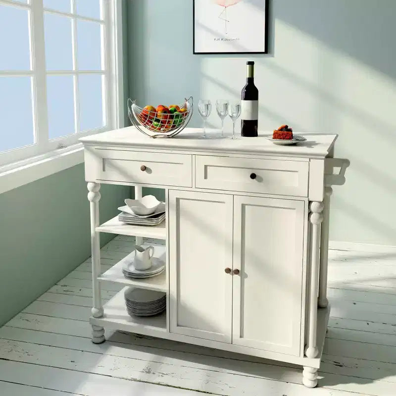 Îlot de cuisine Wood Euro avec armoire de rangement, 2 tiroirs et 3 étagères ouvertes, blanc