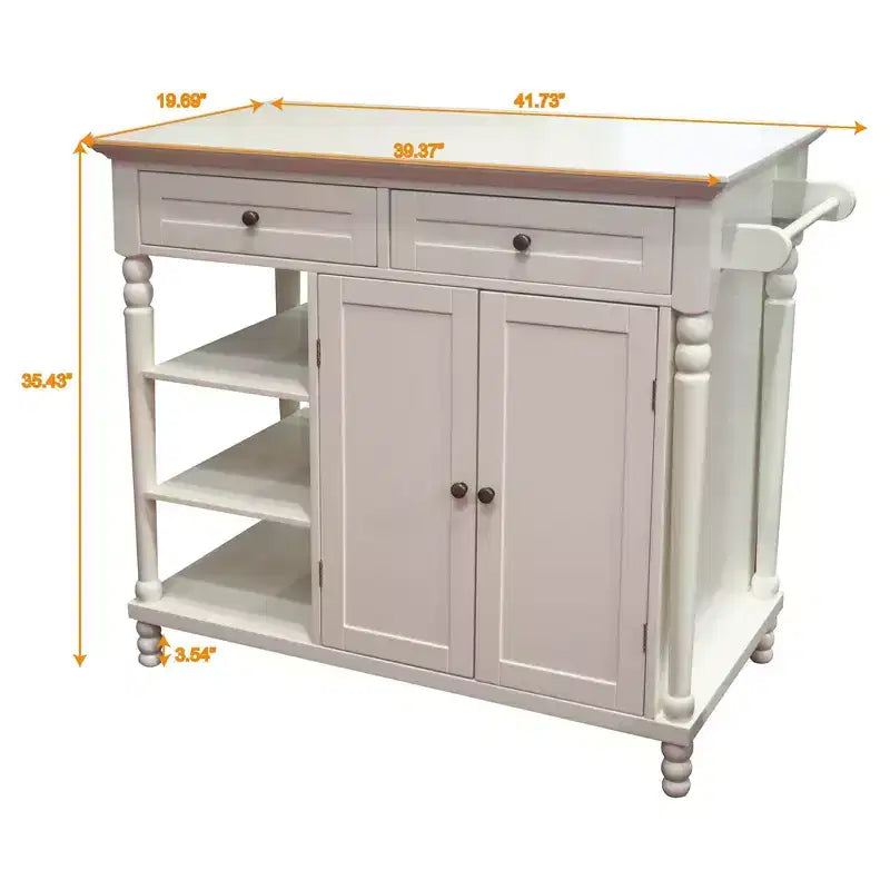 Îlot de cuisine Wood Euro avec armoire de rangement, 2 tiroirs et 3 étagères ouvertes, blanc