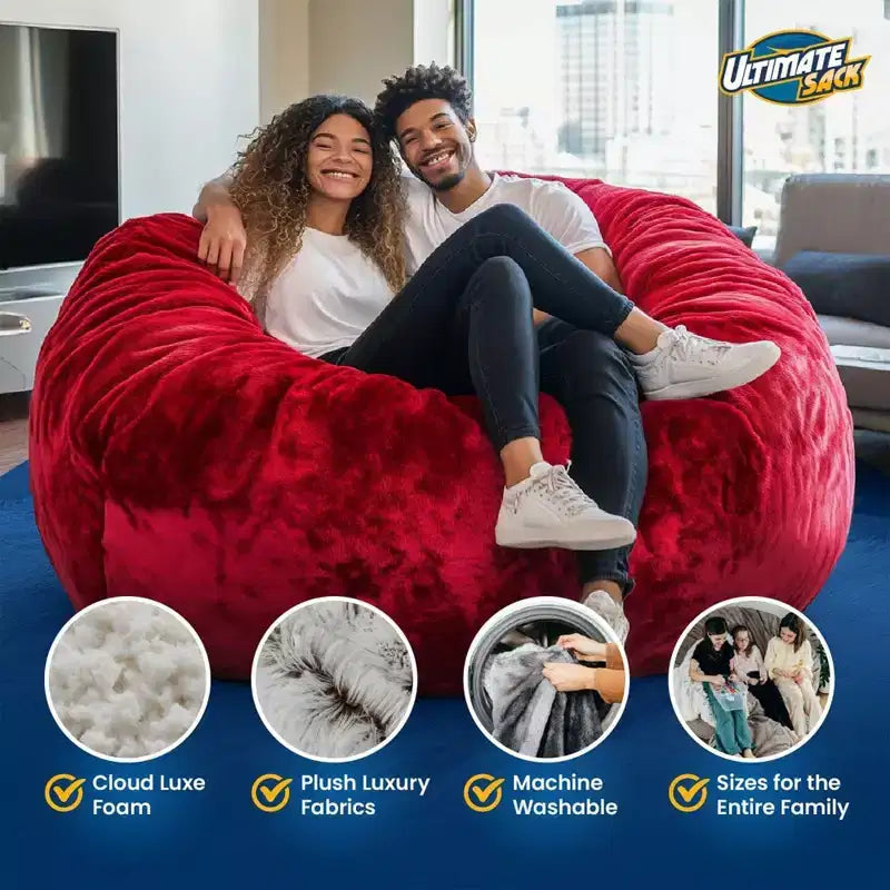 Pouf géant 180 cm, fauteuil d'intérieur confortable, suédine rouge