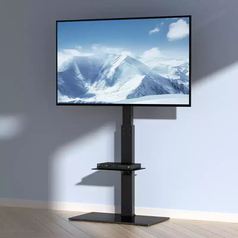 Meuble TV sur pied, pied TV haut orientable pour téléviseurs de 32 à 85 pouces, pied TV au sol portable réglable en hauteur avec base en verre trempé
