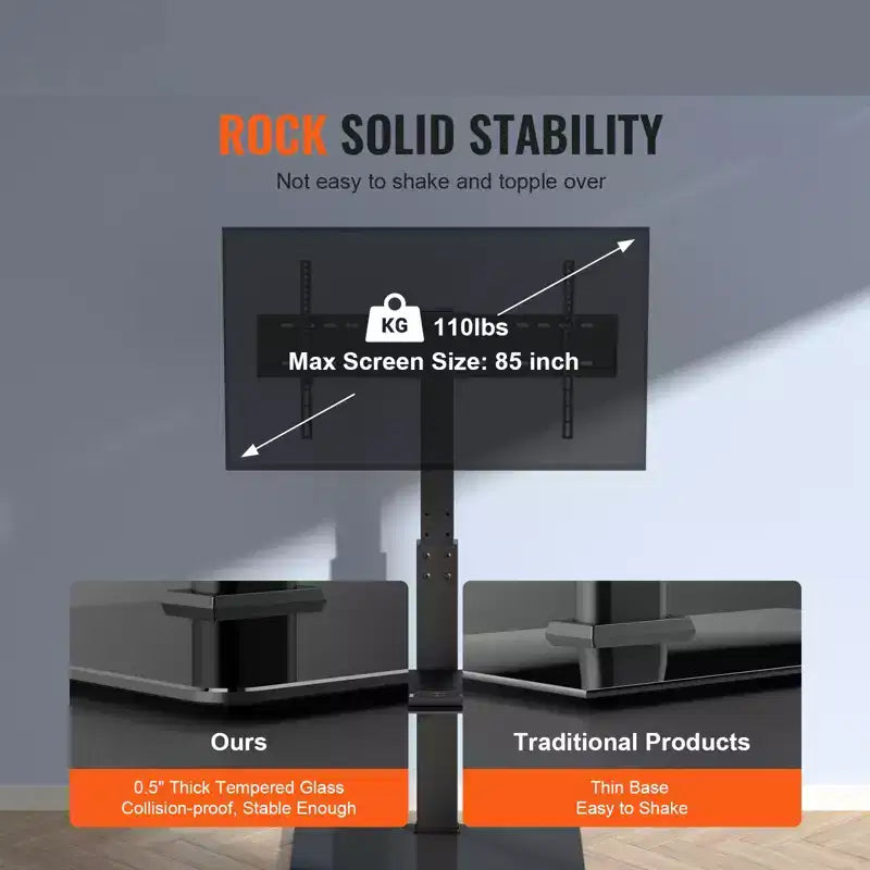 Meuble TV sur pied, pied TV haut orientable pour téléviseurs de 32 à 85 pouces, pied TV au sol portable réglable en hauteur avec base en verre trempé