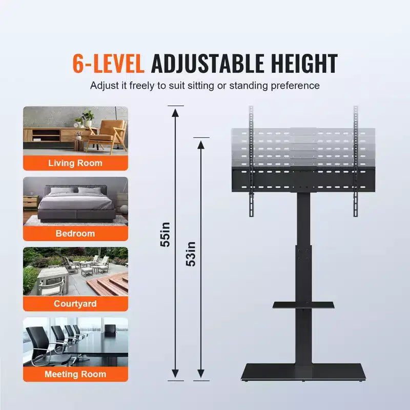 Meuble TV sur pied, pied TV haut orientable pour téléviseurs de 32 à 85 pouces, pied TV au sol portable réglable en hauteur avec base en verre trempé