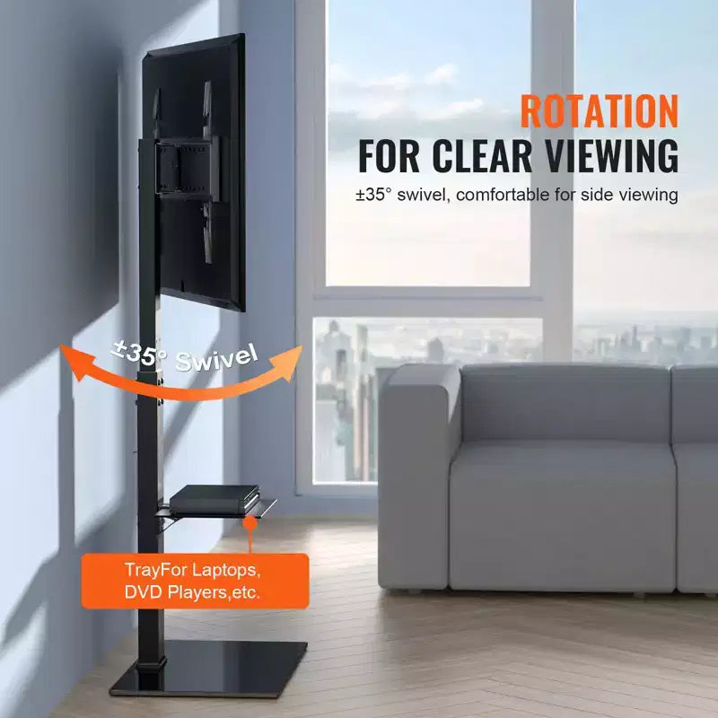 Meuble TV sur pied, pied TV haut orientable pour téléviseurs de 32 à 85 pouces, pied TV au sol portable réglable en hauteur avec base en verre trempé
