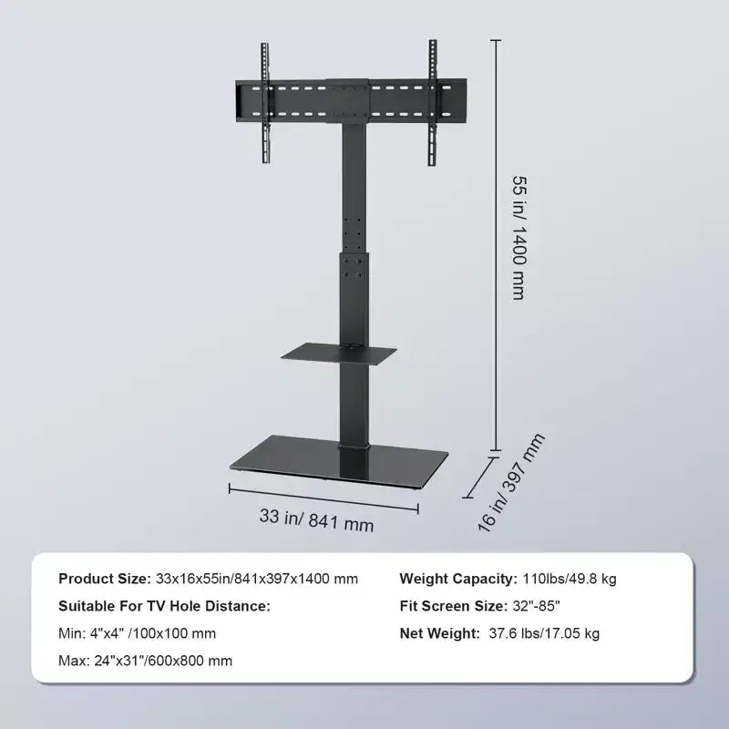 Meuble TV sur pied, pied TV haut orientable pour téléviseurs de 32 à 85 pouces, pied TV au sol portable réglable en hauteur avec base en verre trempé