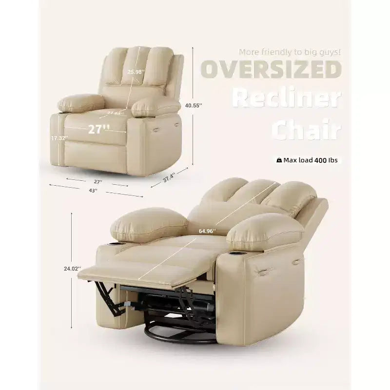 Fauteuil inclinable manuel en cuir PU - 26,8 po Design ergonomique avec porte-gobelets et rangement, pour cinéma maison, salon