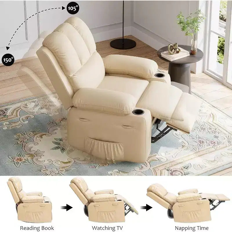 Fauteuil inclinable manuel en cuir PU - 26,8 po Design ergonomique avec porte-gobelets et rangement, pour cinéma maison, salon