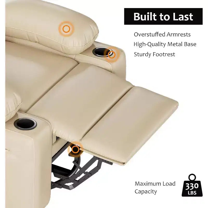 Fauteuil inclinable manuel en cuir PU - 26,8 po Design ergonomique avec porte-gobelets et rangement, pour cinéma maison, salon