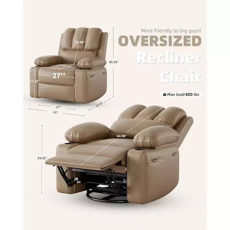 Fauteuil inclinable manuel en cuir PU - 26,8 po Design ergonomique avec porte-gobelets et rangement, pour cinéma maison, salon
